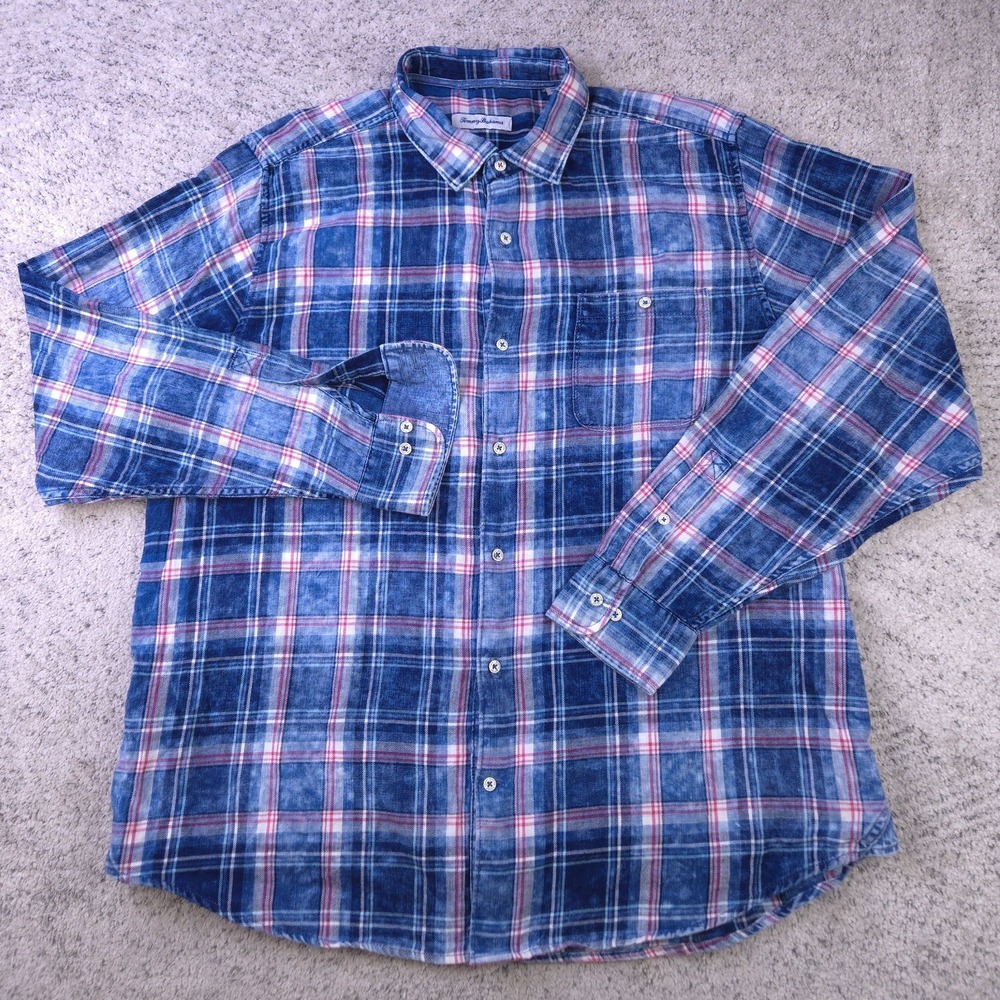 Tommy Bahama Flannel Shirt Mens 2XLT 2XL Tall Button Down Long Sleeve Plaid Blue